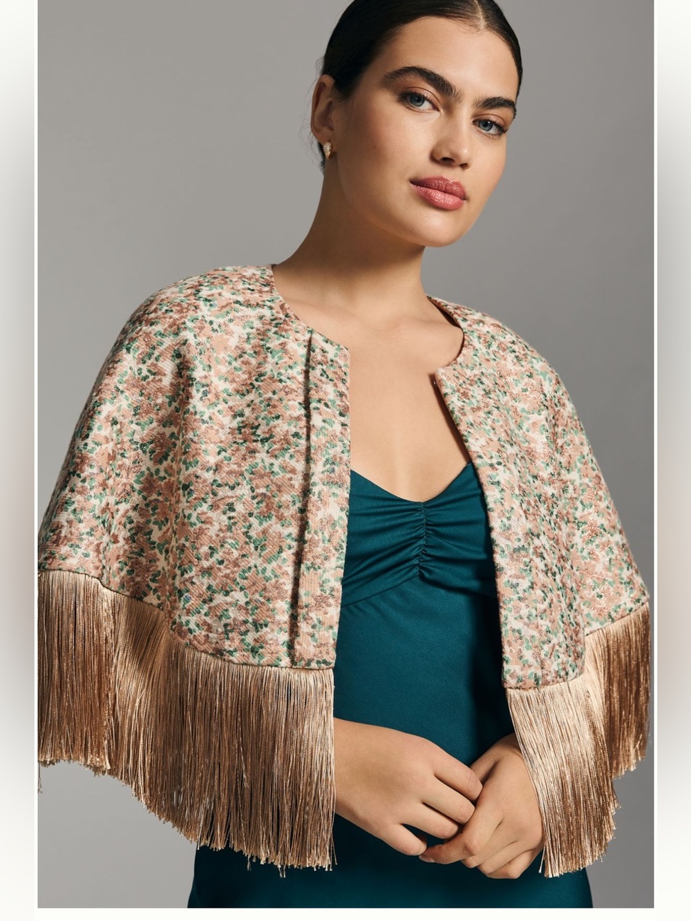 Traffic People Floral Bouclé Capelet with Gold Fringe